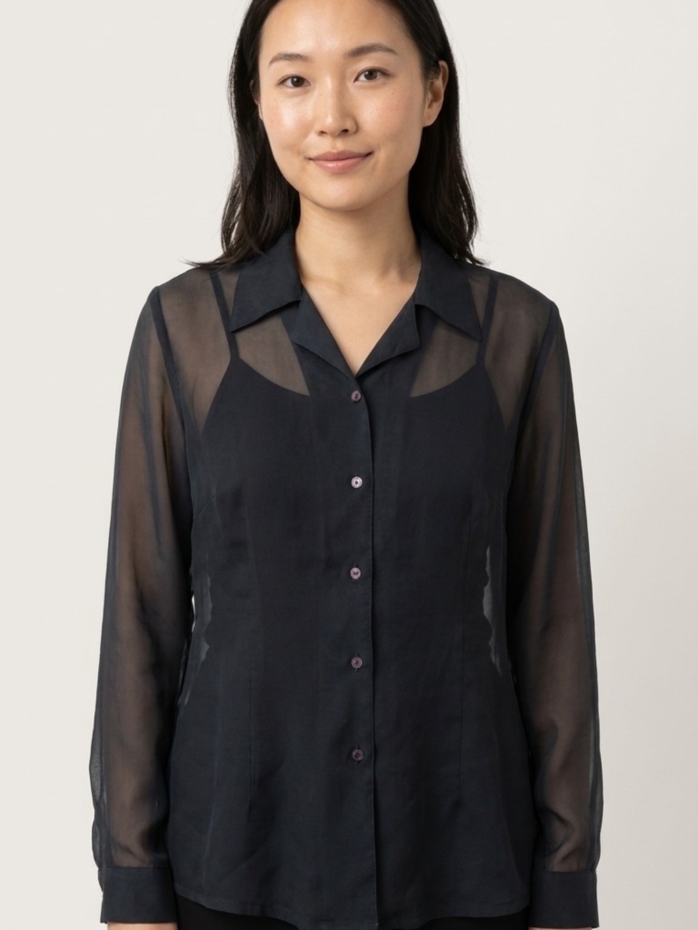 Semi-Sheer Black Button-Down Shirt with Classic Collar